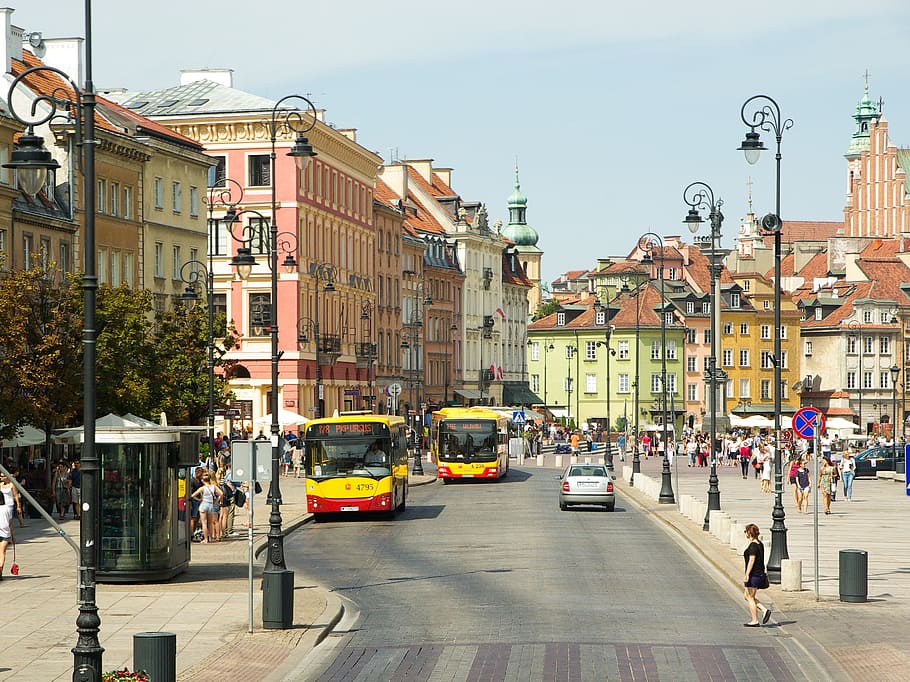 people walking beside buildings near buses, poland, warsaw, old town, HD wallpaper