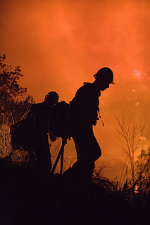 firefighter, forest fire, silhouette, hot, heat, dangerous HD wallpaper