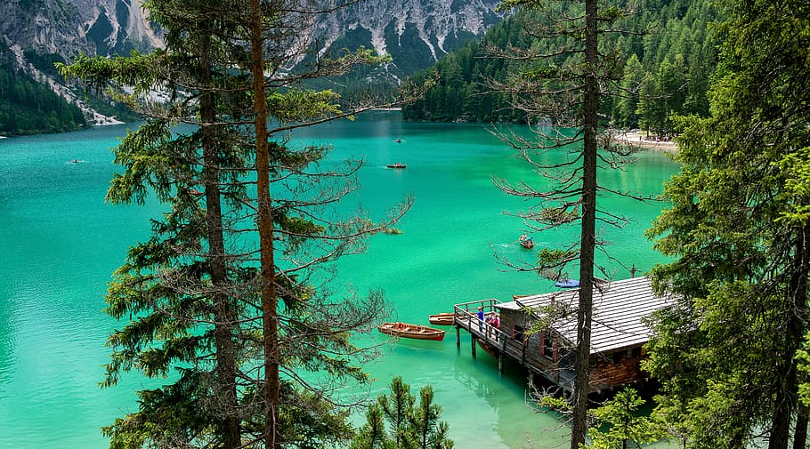 body of water near brown house, two, boat, river, port, mountain HD wallpaper