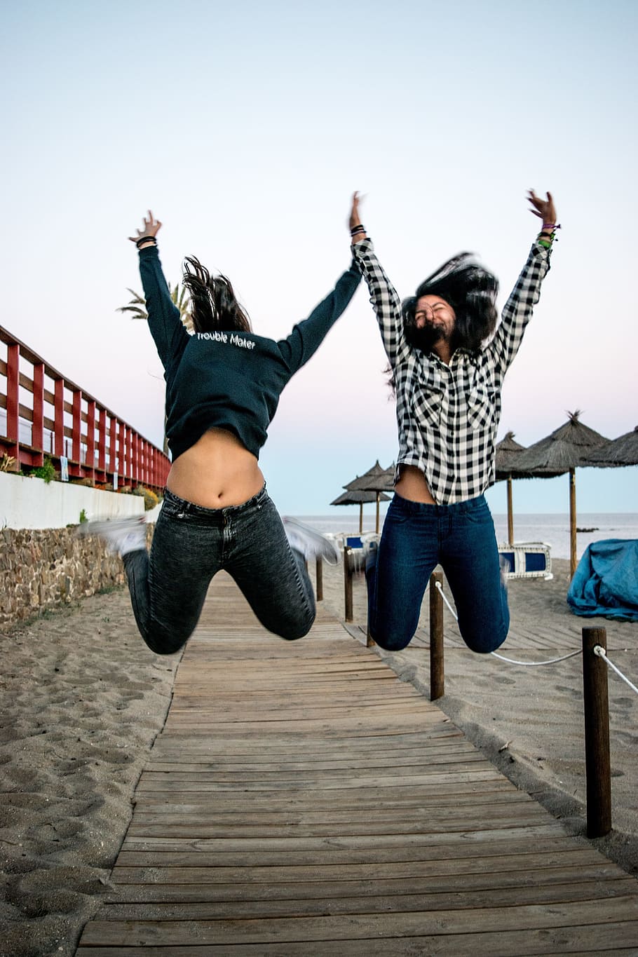two woman jumping off dock, Action, Fun, Beach, Sport, Child HD wallpaper