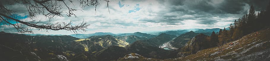 panoramic photography of overlooking mountain, panoramic photography of mountain under cloudy sky HD wallpaper