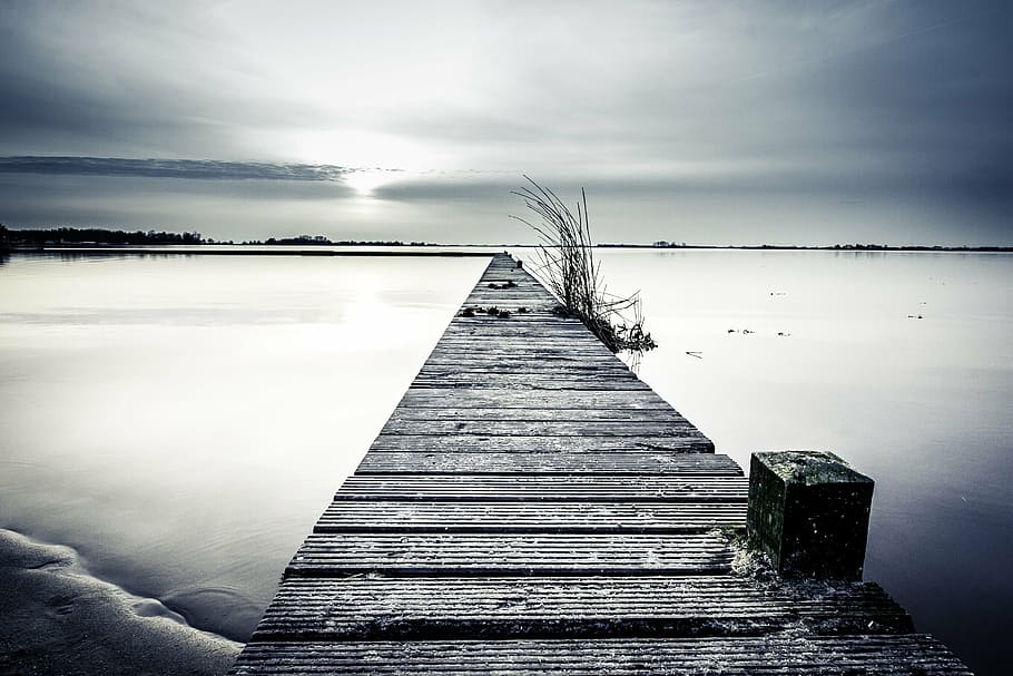 greyscale photography of dock, sunset, jetty, pier, landscape HD wallpaper