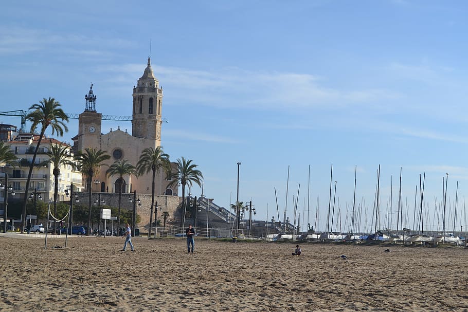 barcelona, sitges, beach, church, spain, sky, built structure, HD wallpaper