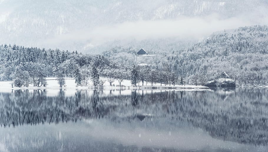body of water near snow covered mountain, winter, lake, reflection HD wallpaper