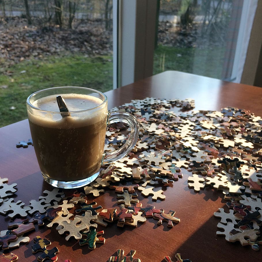 coffee, cup, glass, foam, rustic, window, puzzling, hobby, food and drink HD wallpaper