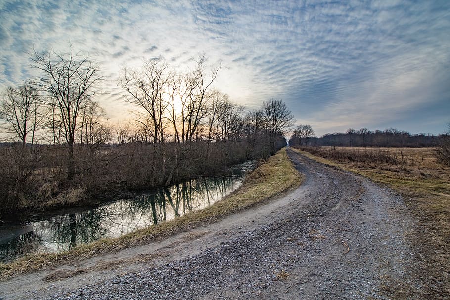 gray road path under blue sky, sunset, waterway, gravel, curved, HD wallpaper