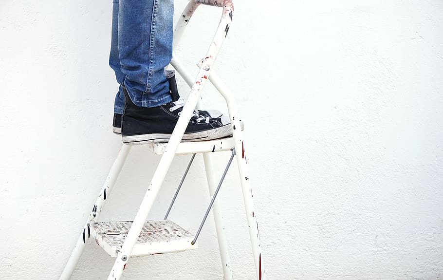 person standing on a frame ladder, painter, worker, white background HD wallpaper