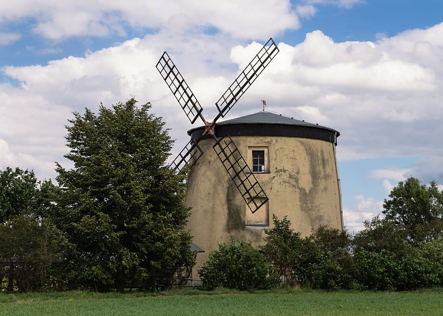 windmill, flour mill, building, landscape, clouds, sky, wind turbine HD wallpaper