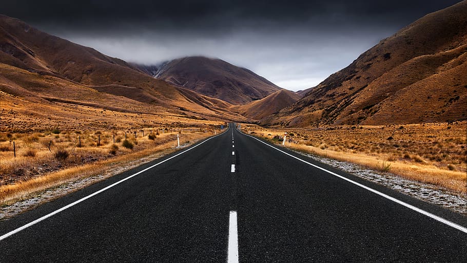 gray empty road under nimbus clouds, street, infinity, straight HD wallpaper