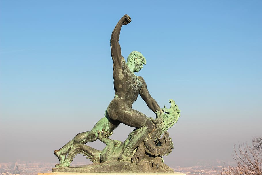 man statue near tree, Budapest, Sculpture, Dragon, old, fighter, HD wallpaper