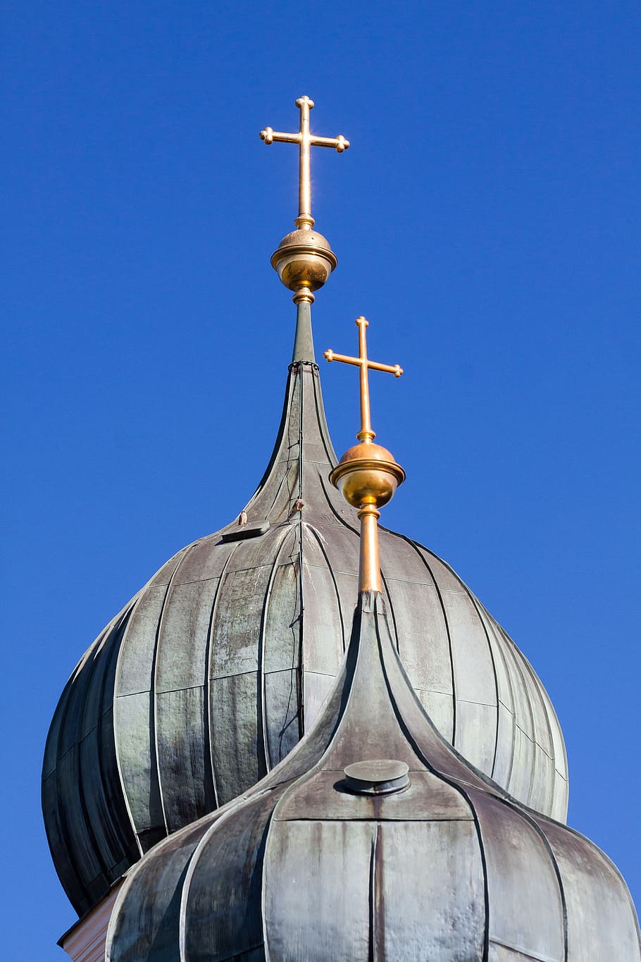 church, steeple, onion dome, copper roof, cross, gilded, architecture, HD wallpaper