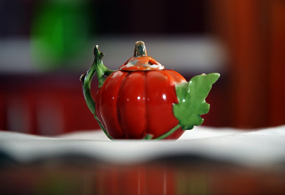 tea-pot, pumpkin, china, orange, green, kitchen, colors, figure HD wallpaper