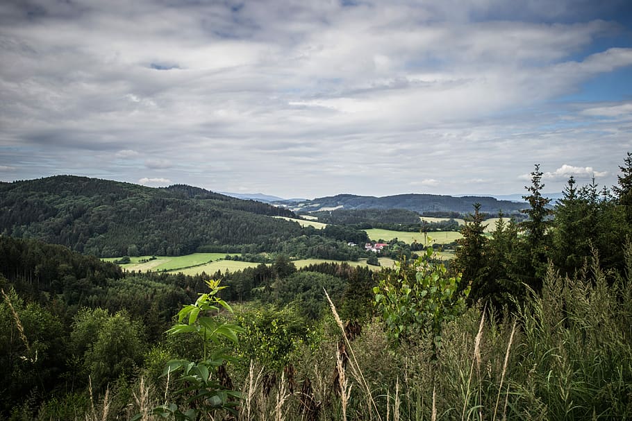 view, panorama, nature, landscape, clouds, forest, the peaks HD wallpaper