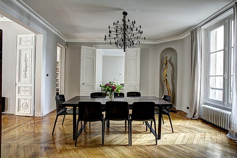 let’s have diner, rectangular black wooden dining table with chair set inside room HD wallpaper