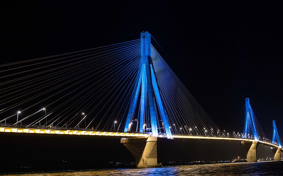 bridge, night, dark, lights, blue, water, ocean, illuminated HD wallpaper