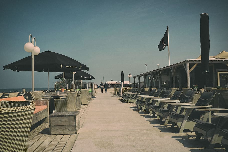 beach, retro, cafe, beach bar, architecture, sky, seat, built structure HD wallpaper