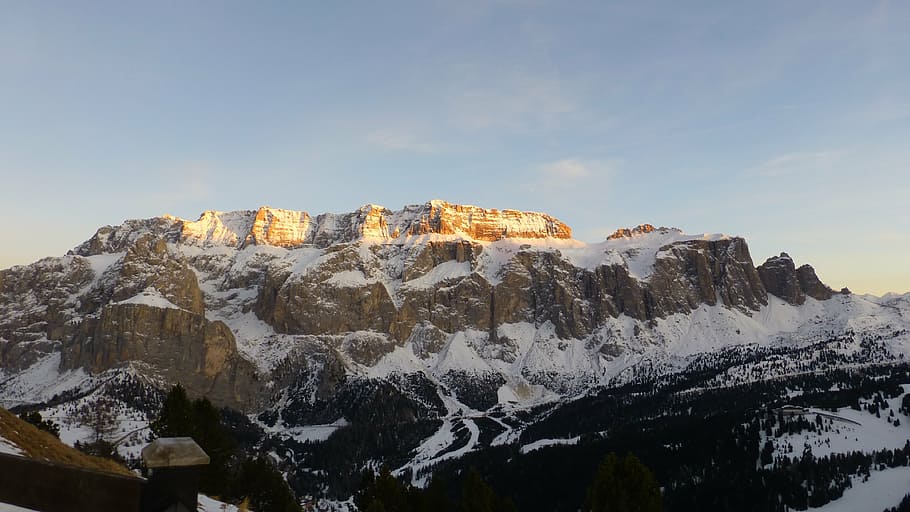 dolomites, sella solid, italy, mountains, snow, blue sky, sunset HD wallpaper