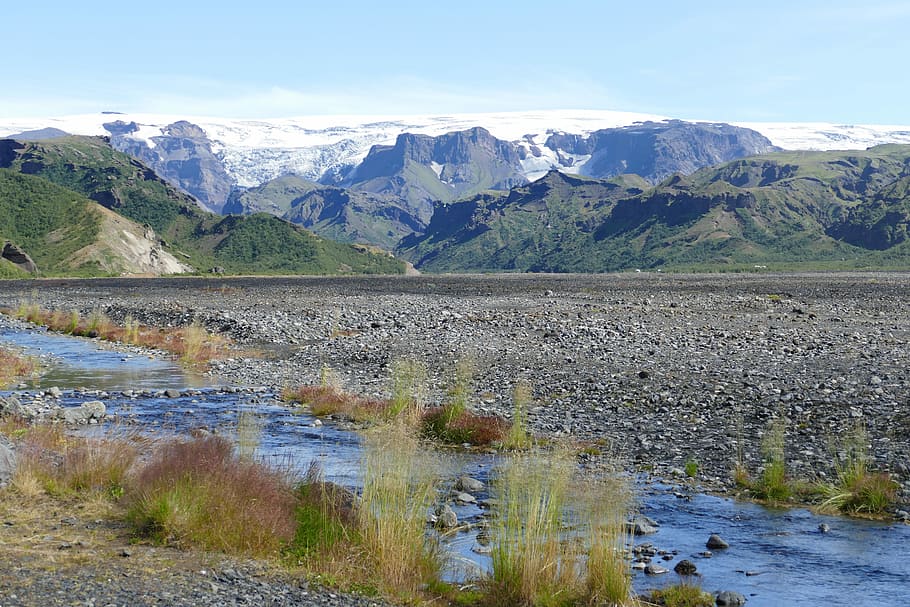 Iceland, Mark, River, Pebble, thor mark, mountains, nature HD wallpaper