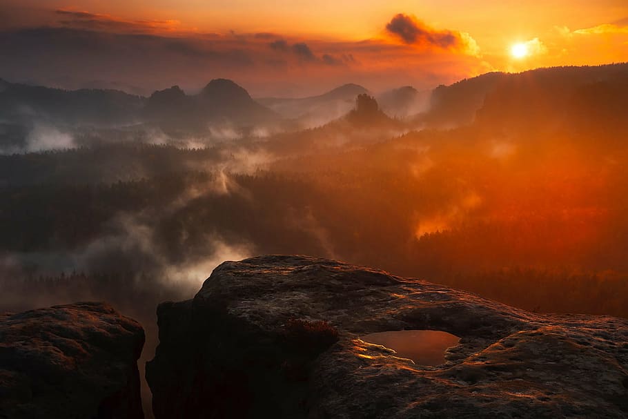 brown rock formation, mountains, germany, landscape, sky, clouds HD wallpaper