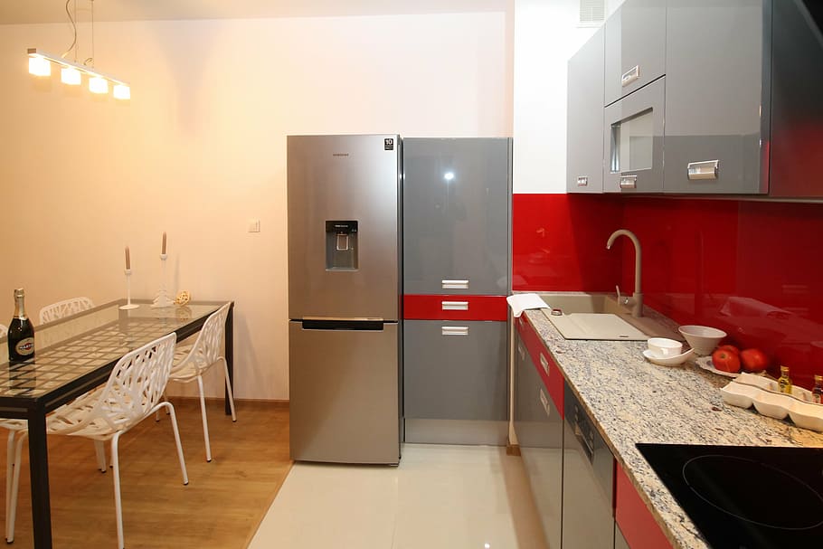 gray refrigerator beside gray cabinet, kitchen, kitchenette, apartment, HD wallpaper