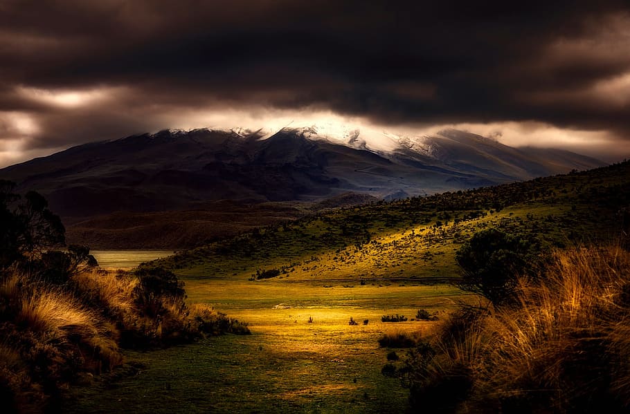 mountain covered with grass and clouds, sunset, dusk, landscape HD wallpaper