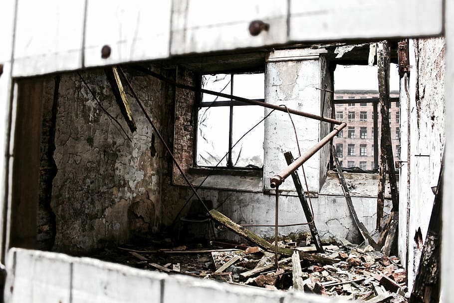crash metal and wall, abandon concrete building, abandoned, broken