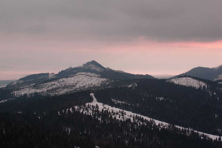 mountain ranges covered in snow, aerial photography of mountain HD wallpaper