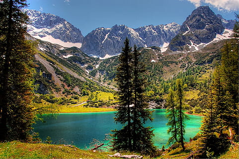 lake surrounded of mountains, seebensee, tyrol, bergsee, idyll HD wallpaper