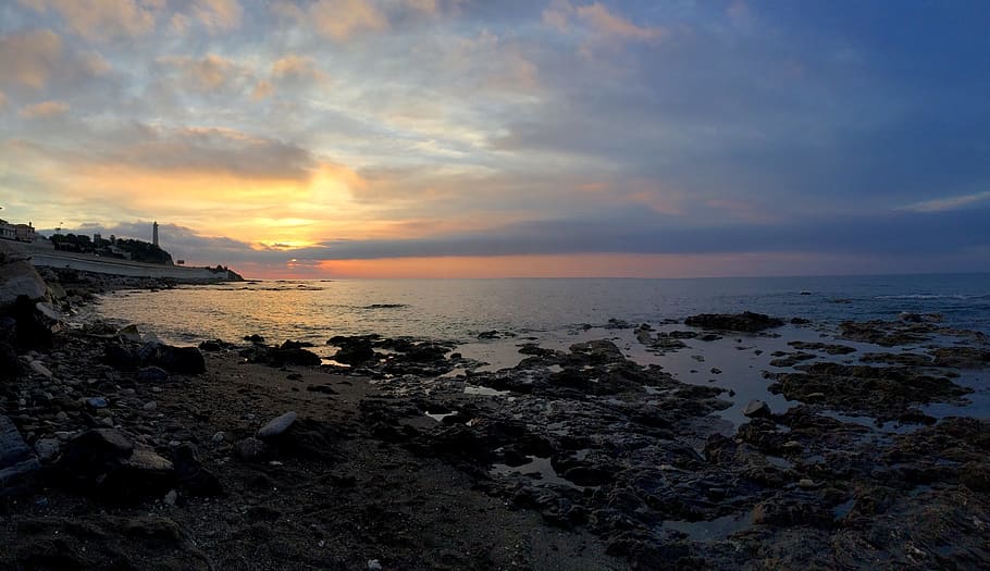 Dawn, Beach, Sea, Sun, Clouds, sky, horizon, lighthouse, sunset HD wallpaper