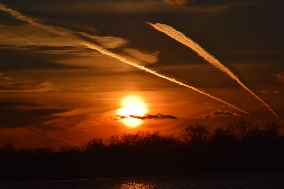 Sunset, Lake, Dusk, Light, Sky, Shadows, water, clouds, blue HD wallpaper