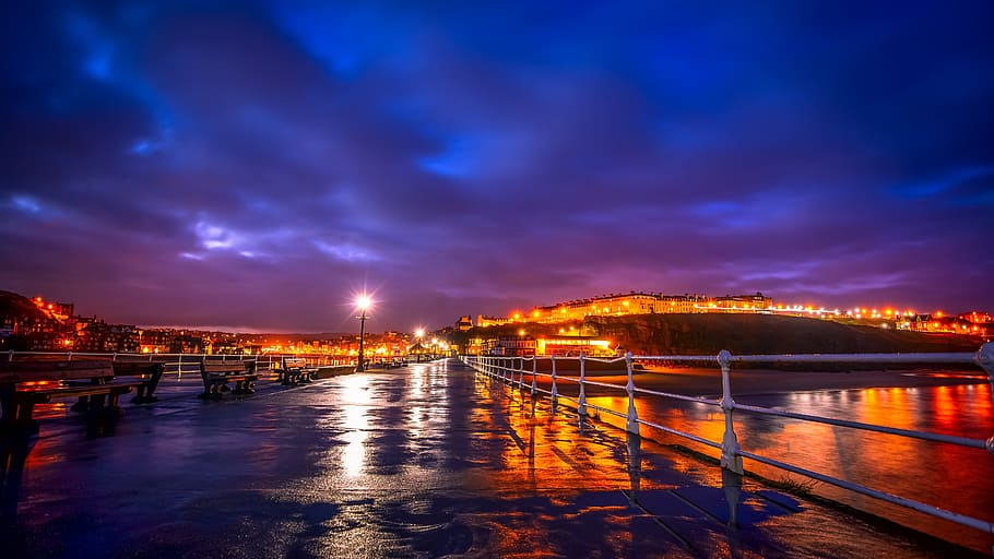 Blue Hour, North Yorkshire, whitby, west pier, first light, HD wallpaper