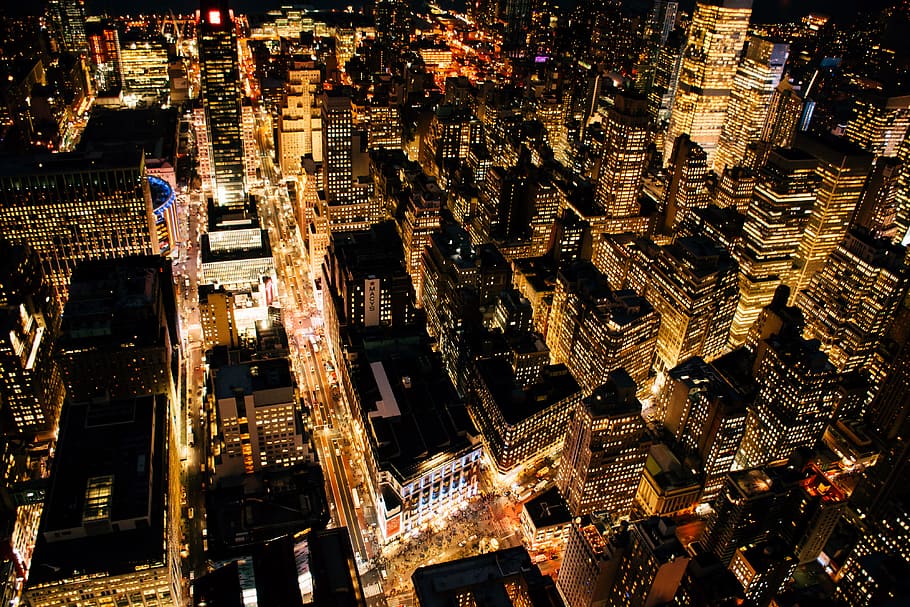 aerial view of the city, aerial photo of city buildings, city lights HD wallpaper