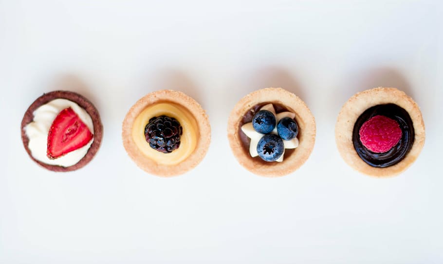 four fruit tarts, cakes, dessert, delicious, strawberry, pastry HD wallpaper