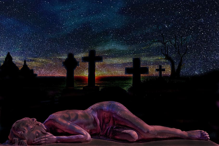 woman lying on cemetery painting, grave, tombstones, sunset, twilight
