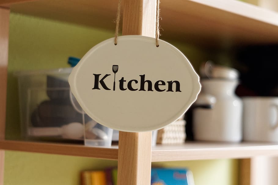 kitchen, shield, text, close-up, indoors, communication, hanging HD wallpaper