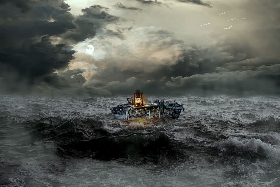 gray boat on body of water, rough sea, boot, dark clouds, lantern