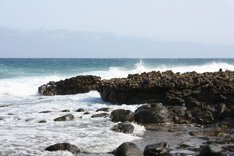 sea, surf, wave, rock, coast, lanzarote, spray, stones, nature HD wallpaper