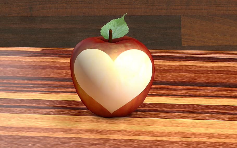 apple, heart, fruit, eat, red, yellow, sweet sour, juicy, crisp, HD wallpaper