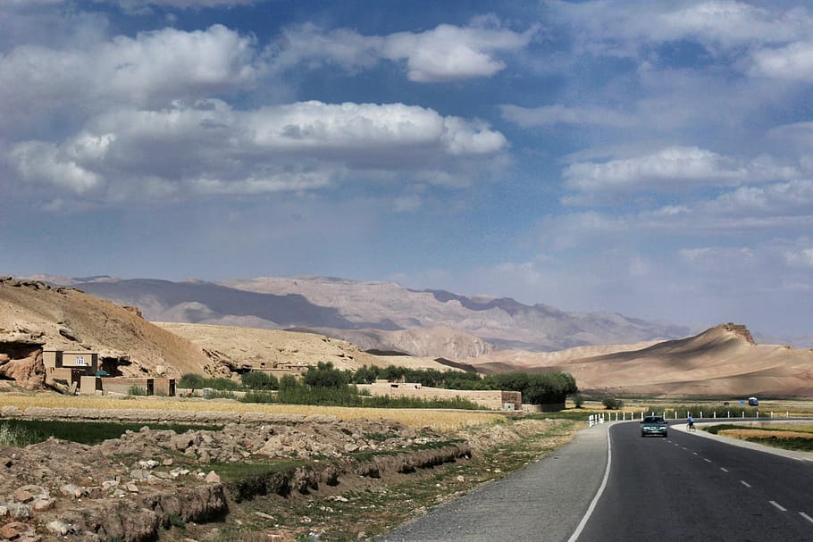 road, landscape, mountains, nature, asphalt, car, clouds, countryside HD wallpaper