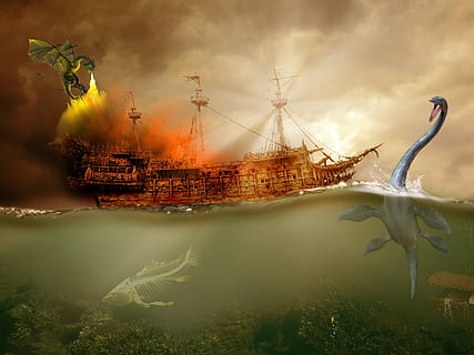 Two Dragons and Monsters attacking a boat, beasts, danger, dinosaur HD wallpaper