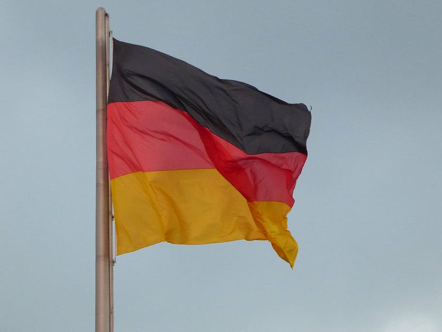 flag, germany, symbol, national, berlin, patriotism, sky, low angle view HD wallpaper