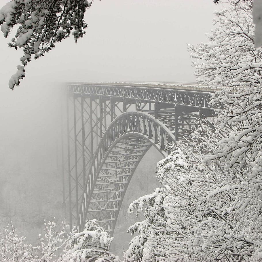 gray foggy bridge, steel bridge, snow, architecture, metal, trees