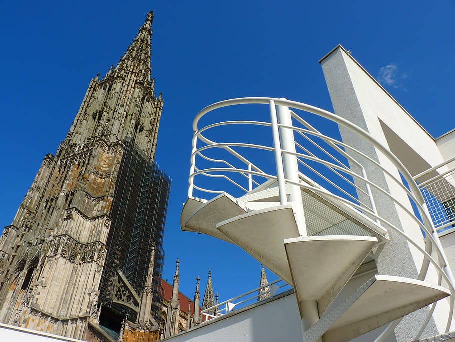 above ground view photo of white staircase, ulm cathedral, building HD wallpaper