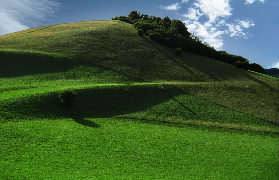 grass-covered hill under blue sky and white clouds, Meadow HD wallpaper