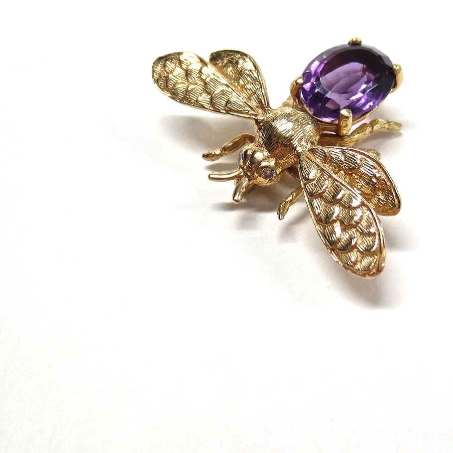 purple gemstone and gold-colored bee brooch, insect, fly, nature HD wallpaper