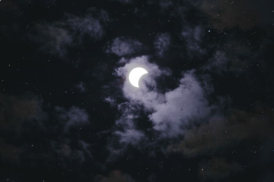 full moon hiding on a cloud, half-moon photo, sky, eclipse, crescent