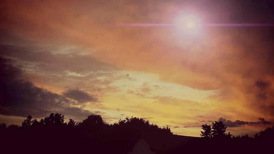 sky, sunset, horizon, clouds, evening sky, lens flair, cloud - sky HD wallpaper