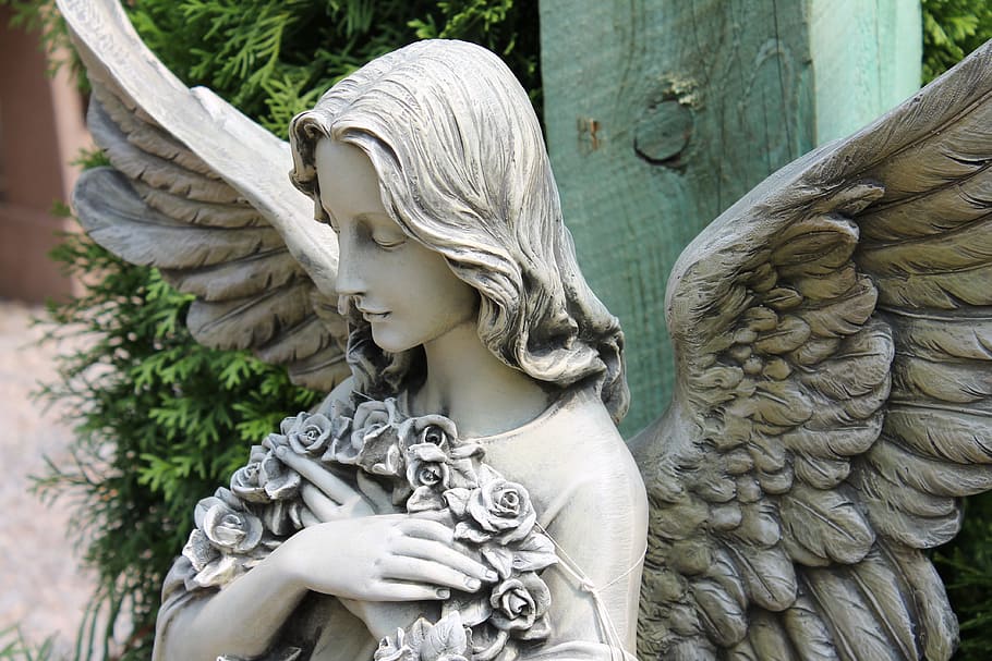 photo of guardian angel concrete sculptuyre, white, ceramic, statue, HD wallpaper