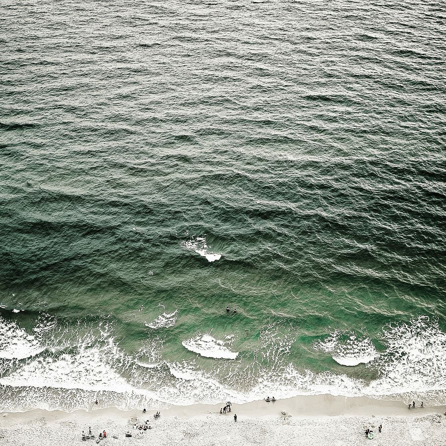 people near on water wave, aerial view of people near seashore during daytime HD wallpaper