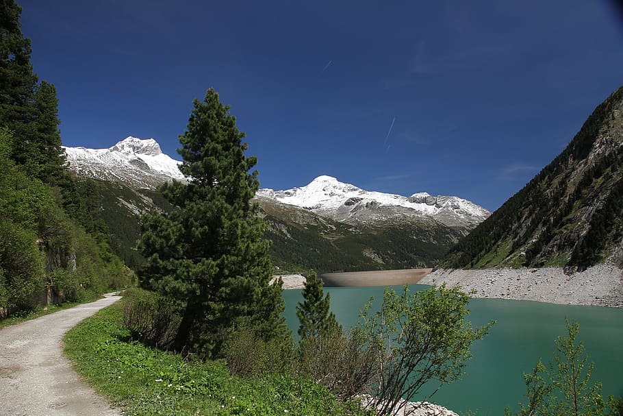 mountain, nature, landscape, snow, waters, hike, lake, bergsee, HD wallpaper